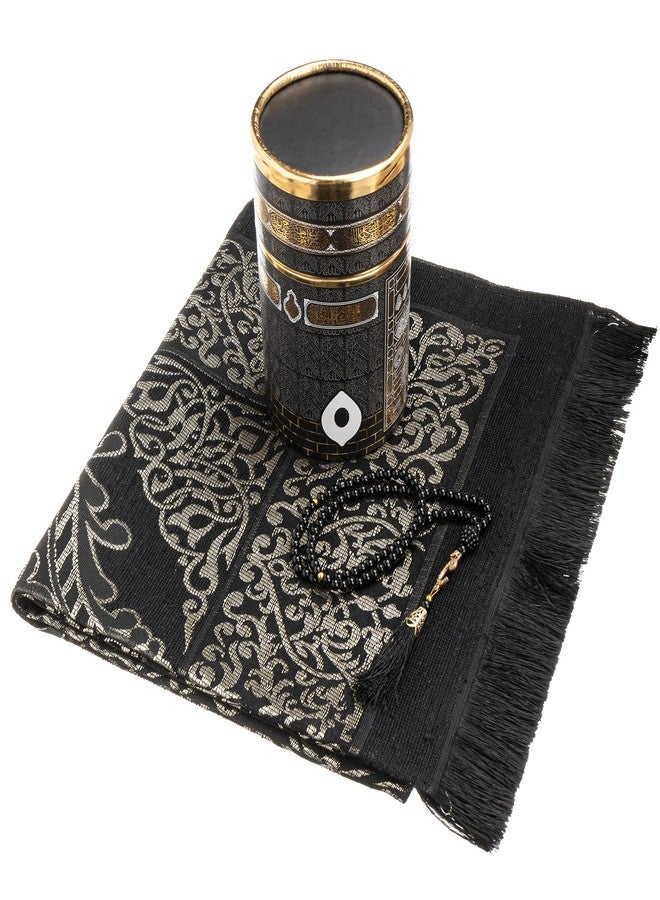 Modefa Turkish Islamic Prayer Mat | Thin Woven Chenille Janamaz Sajada | Muslim Gift Ramadan Eid with Tesbih Prayer Beads | Ottoman Rug with Cylinder Gift Box Set (Black with Box) - Image 4